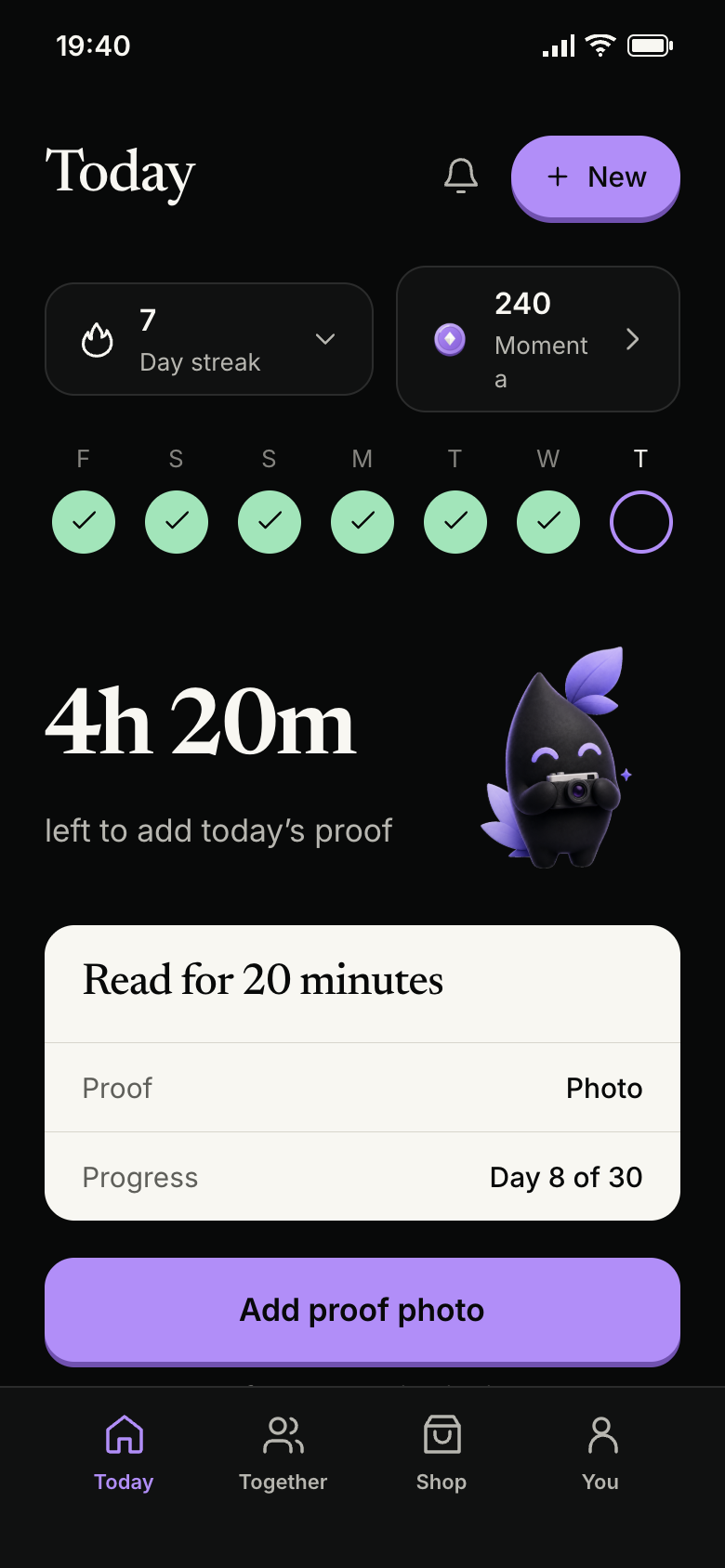 Illustrative Paper design of a Menta Today screen showing a reading promise, streak and proof.