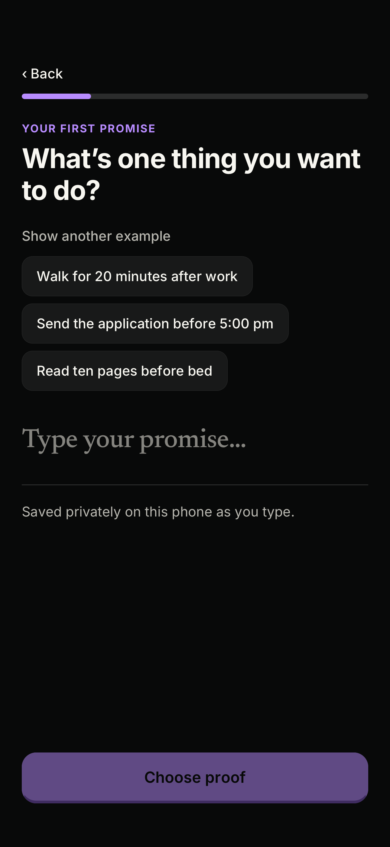 Menta screen asking “What’s one thing you want to do?” with three example promises and a field to type your own.