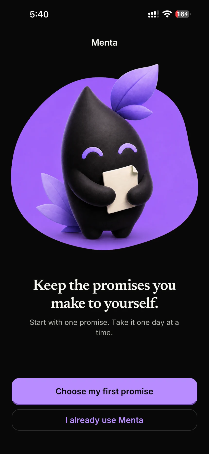 Pantalla de bienvenida de Menta en iPhone, con el texto «Cumple las promesas que te haces a ti mismo.» y un botón para elegir la primera promesa.